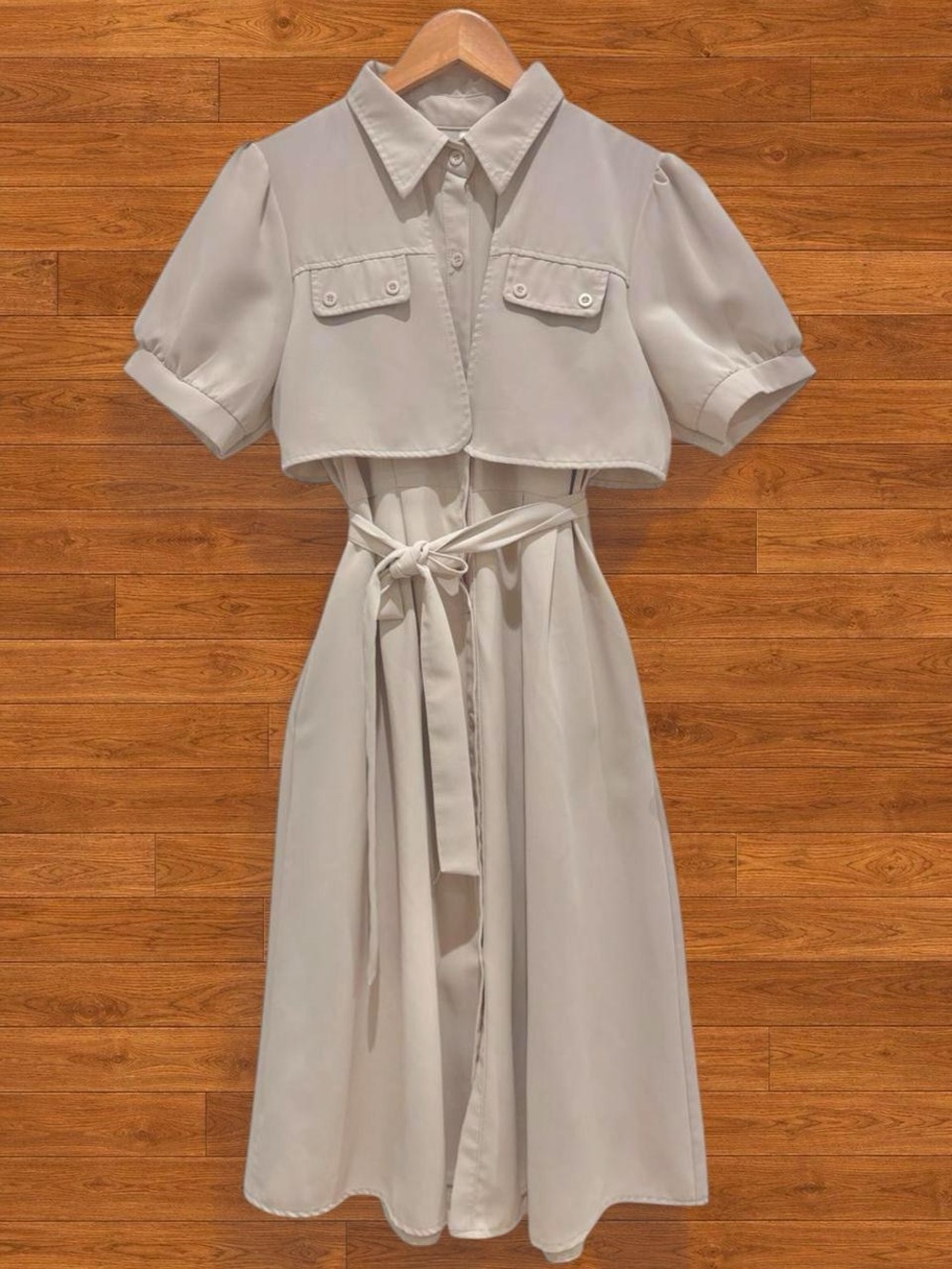 Elegant Cream Midi Dress with Layered Cape and Tie Waist